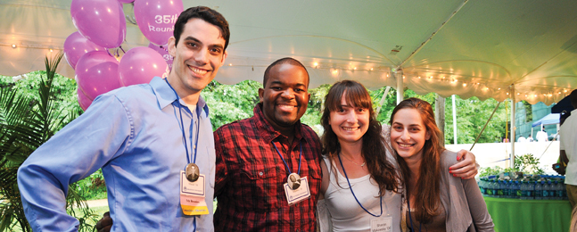 Daniel Mauer ’06, Edgar Ndjatou ’06, Sharon Makowsky ’06 and Laura Yenchman ’06 enjoy the Fire & ’Deis party at last year’s Reunion.