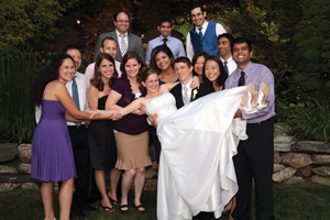 From left: Beverly Levine Tsacoyianis ’04, Daniel Greisokh ’03, Amy Non ’04, Geoff Director ’04, Joshua Nahum ’04, Heather Ames ’04, Sara, Arti Dua ’04, Hrishi Poola ’04, Matthew, Ityng Hsieh ’04, Sol Schulman ’04, Diana Kuan ’04, Sushrut Jangi ’04 and Santosh Ganesan ’04.