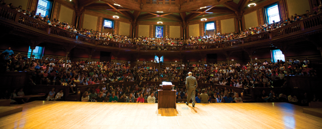 More than 15,000 students have taken Sandel’s famed “Justice” course  at Sanders Theatre, where the political philosopher introduces cases drawn from headline  news to explore moral questions.