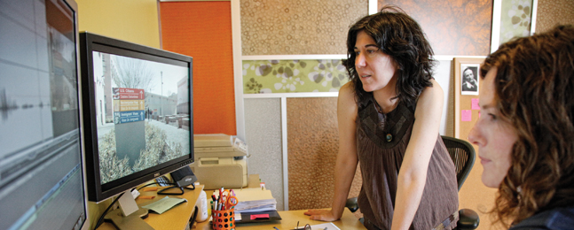 Granik and Editor Tory Stewart at footage in their New York City office. "You go deep into an emotional territory together," Granik says of her creative team.