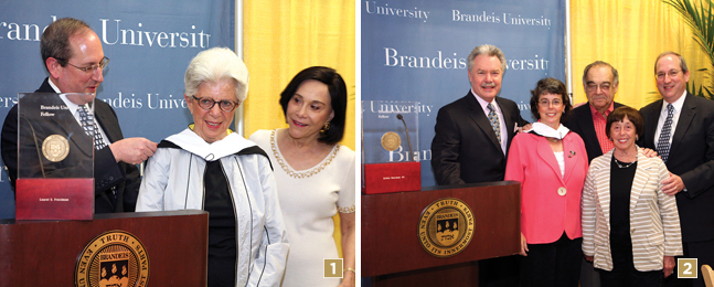 1. President Fred Lawrence, Laurel and Nancy Winship, P’10, P’12, senior vice president of institutional advancement. 2. Trustee Paul Zlotoff ’72, chair of the Board of Fellows; Robin; Trustee Malcolm Sherman, P’83; Fellow Barbara Sherman ’54, P’83; and President Fred Lawrence.