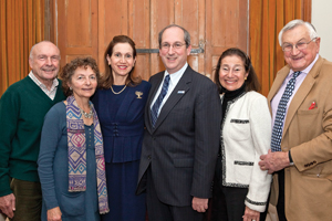Arthur Bovarnick ’58; Joan Givner Bovarnick, PhD’69, president of the Alumni Club of Great Britain; Kathy Lawrence; President Fred Lawrence; and co-hosts Alberta Gotthardt Strage ’56 and Henry Strage celebrate the club’s 25th annual Alumni-Student Thanksgiving Day Tea.