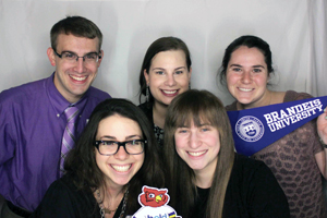 Herbie Rosen ’12, Marla Merchut ’12, Brianna Spatz ’12, Nicole Izbicky ’11 and Abby Kulawitz ’12 yuk it up in the photo booth at Brandeis House’s annual New York holiday reception.