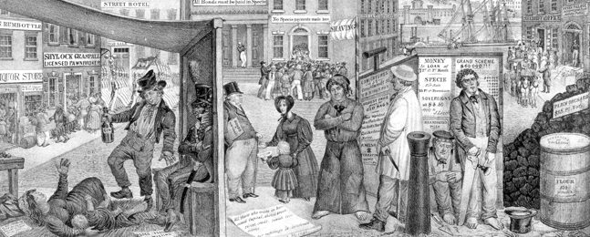 DOWN AND OUT: A fanciful street scene in New York depicts the effects of the financial panic of 1837 — especially on the working class.