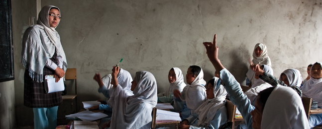 EAGER TO LEARN: A class at Marefat School, on the outskirts of Kabul. Nearly half of the school's student body is female.