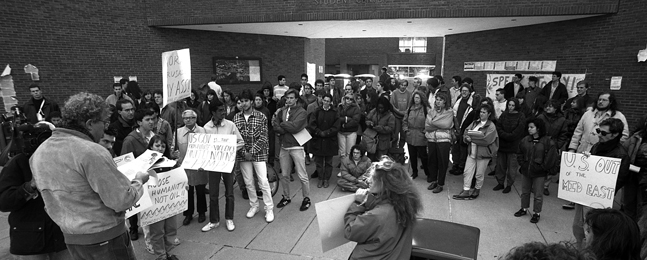 A November 1990 peace demonstration in the Usdan Student Center.