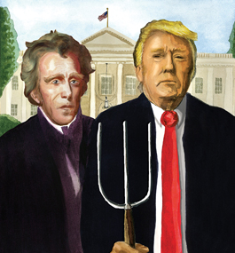 Illustration of Andrew Jackson and Donald Trump posed like American Gothic
