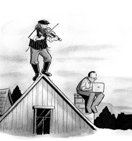 Illustration of a man working on a laptop beside a fiddler on a roof