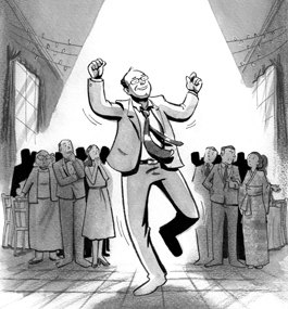 Illustration of a man dancing at a wedding while others watch