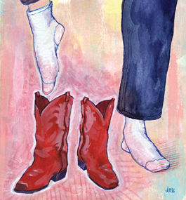 Illustration of someone putting on red boots.
