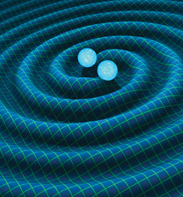 SPIRALING: Artist’s rendering of gravitational waves generated by binary neutron stars.