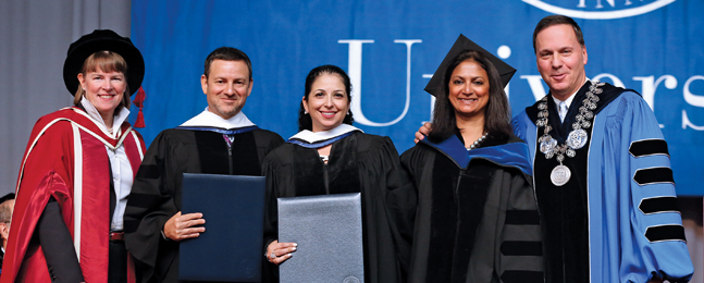 Provost Lisa Lynch, P’17; Jay Ruderman ’88; Shira Ruderman; Heller faculty member Monika Mitra, P’21; and President Ron Liebowitz.