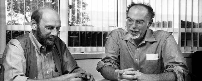 Lisman (right) and Art Wingfield, now the Nancy Lurie Marks Professor Emeritus of Neuroscience, in 1994.