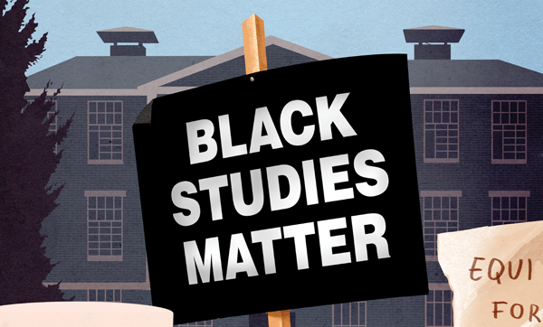 Illustration of sign in front of a building. The sign reads Black Studies Matter.