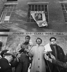 TAKING A STAND: Reggie Sapp '73, MA'05; Lloyd Daniels '69; and Randal Bailey '69 read the Ford Hall protesters' demands in January 1969.
