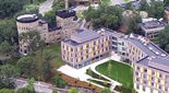 Aerial view of campus buildings