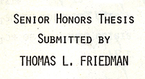Portion of the cover page of Tom Friedman's senior thesis.