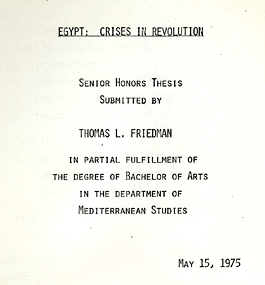 Portion of the cover page of Tom Friedman's senior thesis.