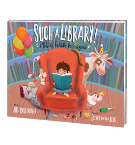 Photo of the front cover of "Such a Library," which features a colorful drawing of a small boy reading in a armchair, surrounded by a whimsical cow, seal and other animals.