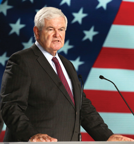 Photo portrait of Newt Gingrich standing in front of an American flag backdrop