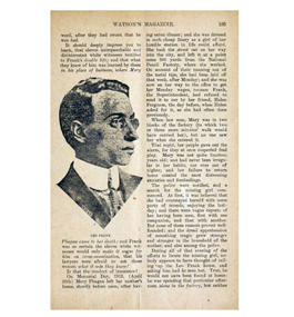 A yellowing page from Watson's Magazine, which shows a line drawing of Leo Frank