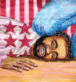 Painting of a man wearing a shirt with red stars, lying with the side of his head pushed against the ground by the knee of a figure wearing blue pants, against a wall with red stripes.