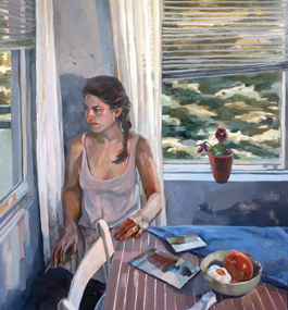 Painting of a woman wearing a tank top, sitting in a corner behind a table, looking out one of two windows.