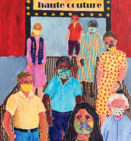 Painting of eight people wearing face masks in various patterns and colors.