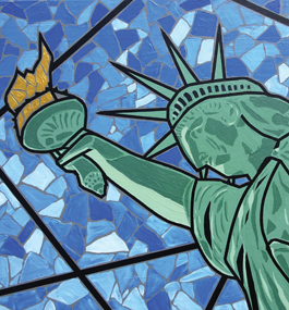 Painting of the Statue of Liberty, holding her torch against a background that looks like a blue mosaic.