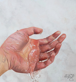 Realistic painting of a hand dripping with water against a plain white background.