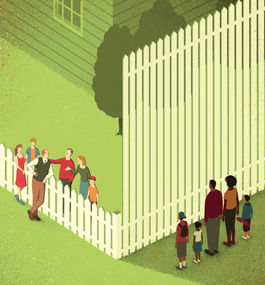 An illustration showing two white families talking to each other over a white picket fence, and — on the adjacent side of the yard — a much higher section of fence blocks a Black family from view.