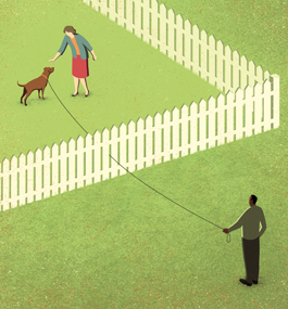An illustration showing a white woman petting a dog on a leash held by a Black man; the leash is threaded through a white picket fence that separates the man and the woman.