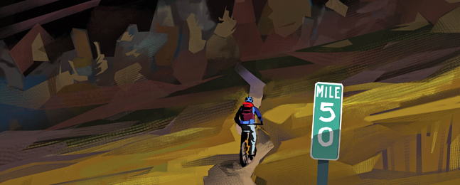 An illustration of a biker on path leading toward a mountain; a mile marker labeled "50" has just been passed, and another mile marker lies ahead.