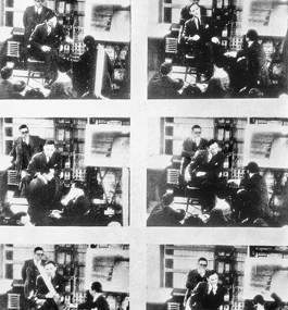 Six frames from film footage showing Bruno Richard Hauptmann testifying at his trial.