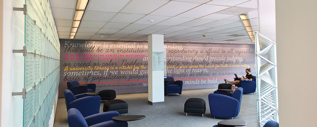 BUILDING ON STRENGTHS: The BNC Tribute Wall in the Brandeis Library.