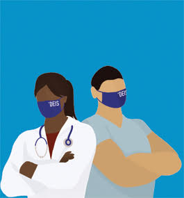 Illustration of two people wearing blue face masks with the word "Deis." One is wearing a white medical coat with a stethoscope around her neck.