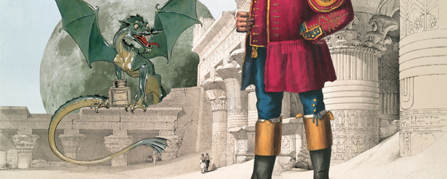 Montage-like illustration showing a winged dragon and the torso of a man in boots and an ornamented red coat in front of classical architecture with a large moon in the background.