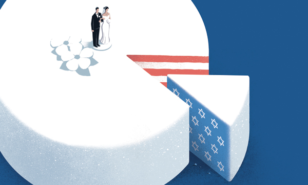 Illustration of a wedding cake topped with groom and bride figurines; a slice is cut out, revealing red and white stripes on one side, white Stars of David against a blue background on the other.