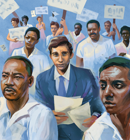 Illustration of a young white man wearing a suit jacket and tie, walking behind a young Martin Luther King Jr. and Stokely Carmichael and followed by people holding protest signs