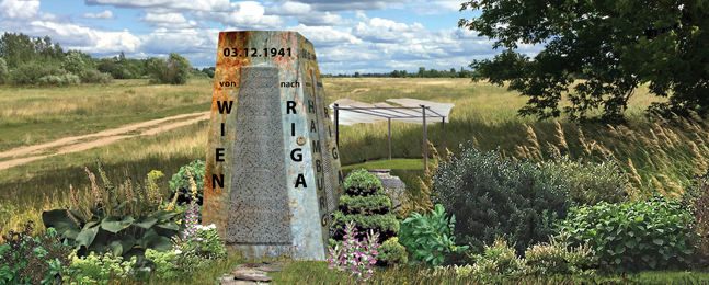 A photo-shopped obelisk stands in the midst of an open field with a blue sky filled with puffy white clouds above.