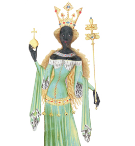 A rendering of a black woman in a light green and gold dress in a contrapposto pose, wearing a tall, jeweled gold crown and holding a large scepter.