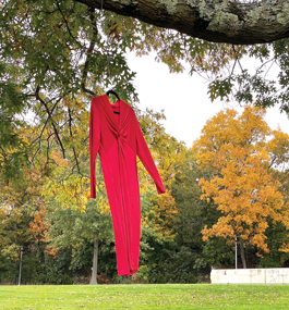 A bright red dress hanging from a tree in a verdant setting