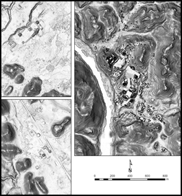 Three black-and-white lidar images of areas that were once Maya kingdoms.