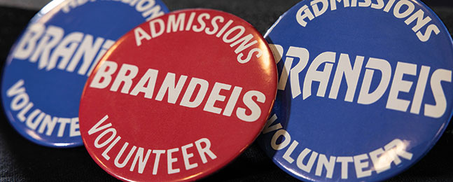 Three buttons — two blue and one red — that read "Brandeis Admissions Volunteer."