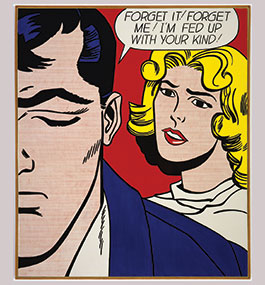 Pop art painting by Roy Lichtenstein showing woman speaking to downcast man.