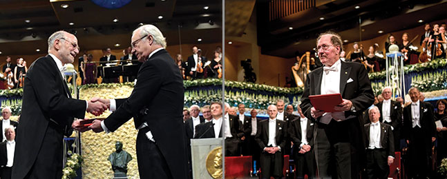 Two men in white tie and tails receiving and holding awards.