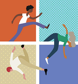 Illustration of three people stepping over into four brightly colored panels.
