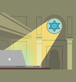 Illustration of light shining through a Star of David window onto a laptop