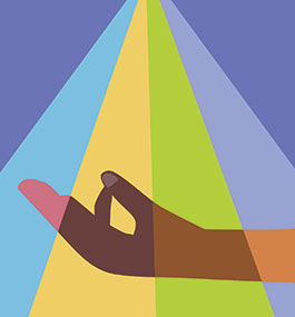 An illustration of a hand in lotus position lit by a spectrum of colors.