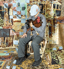 Collage of a seated man with an obscured face holding a rooster.